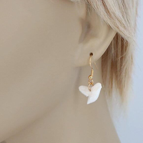 Earrings Tiger Shark Tooth Genuine Shark Teeth Dangle Ear Wires Silver or Gold - Picture 3 of 6
